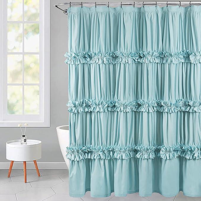 Homechoice Decor Spa Blue Ruffle Shower Curtain, Vintage Handcrafted Bow Tie Bath Curtain for Master Bathroom, Ruched Microfiber Bathroom Curtain with 12 Buttonholes, 72" W x 72" H (LQ-10) - ModernBath