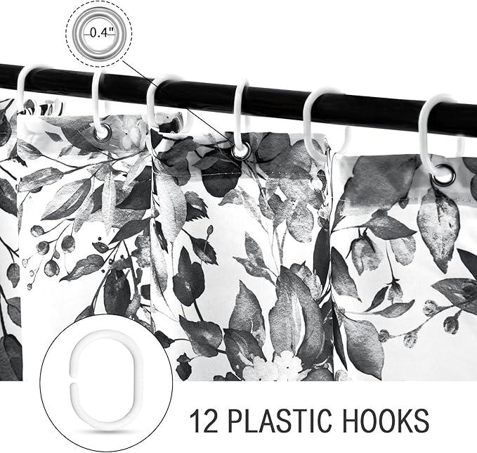 Gibelle Extra Long Shower Curtain 72 x 84, Black and White Floral Shower Curtain, Watercolor Plant Eucalyptus Leaves Fabric Shower Curtain Set - ModernBath