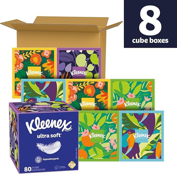 Kleenex Ultra Soft Facial Tissues, 8 Cube Boxes, 80 Tissues per Box, 3-Ply, Packaging May Vary (Pack of 2) - ModernBath