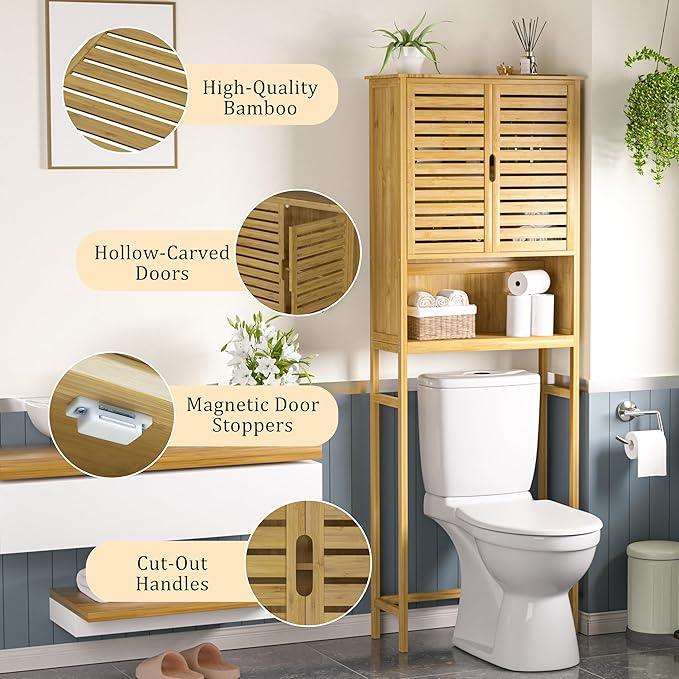 MUPATER 67" H Bathroom Over The Toilet Storage Cabinet with Doors and Shelves, Bamboo Over Toilet Organizer, Freestanding Tall Space Saver Toilet Rack, Natural Wood - ModernBath