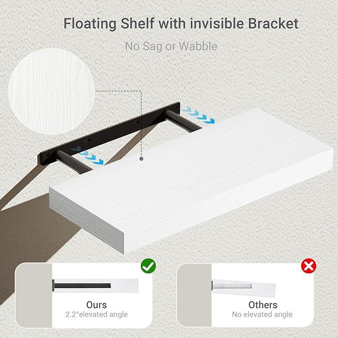 Vivelove 16 inch Floating Shelves for Wall, Bathroom Shelves Over Toilet, Wall Shelf for Bedroom, Living Room, Kitchen, Office Home Decor, Narrow Shelves with Invisible Brackets - Set of 2, White - ModernBath