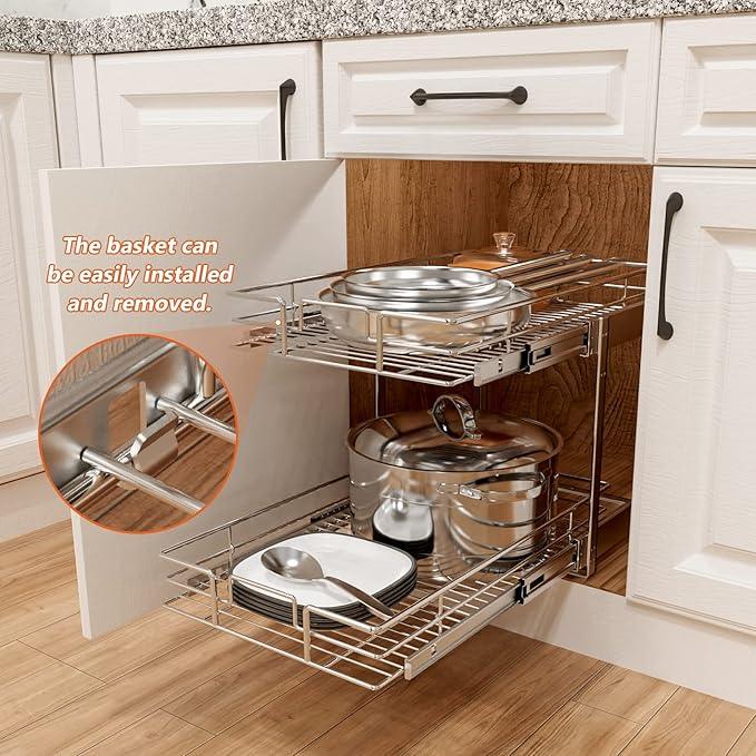 ROOMTEC Individual Pull Out Cabinet Organizer (22½"W x 21½"D), 2 Tier Spice Rack Organizer for Cabinet, Slide Out Drawer Pantry Shelf Organization and Storage for Kitchen Bathroom - ModernBath
