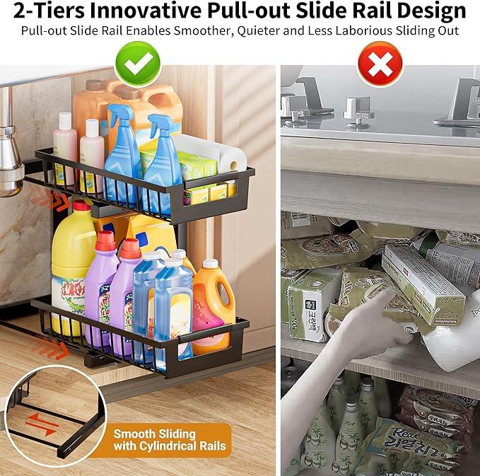 Under Sink Organizer 2 Pack, 2 Tier Adjustable Height Reinforced Carbon Steel Under Kitchen Bathroom Sink Storage Organizer, Smooth Pull-out Under Sink Cabinet Rack Drawer Organizer, Black - ModernBath