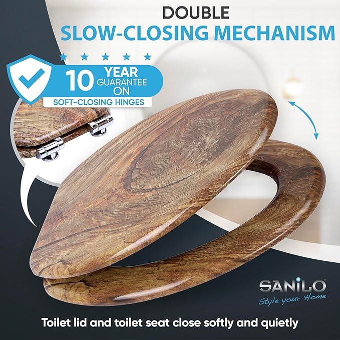 SANILO Wooden Toilet Seat with Soft Close [ELONGATED] - Decorative, Quiet & Slow Close Molded Wood Seat - With Strong Bumpers & Hinges - Adjustable Fit - Rustic - ModernBath