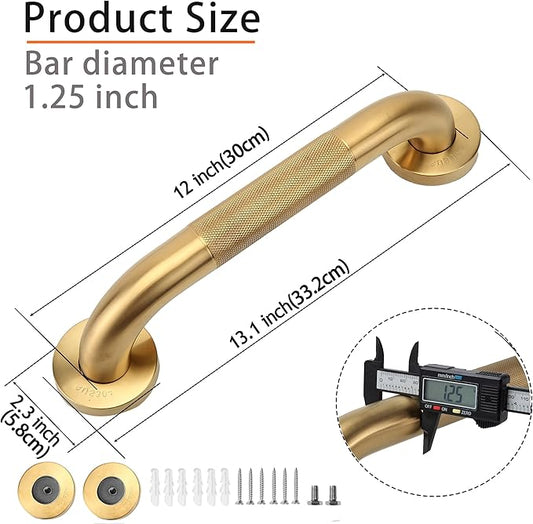 Rackickyer Shower Grab Bar, 2 Pack 12 Inch Gold Bathroom Grab Bar, 1.25" Diameter 304 Stainless Steel Anti-Slip Grab Bars for Bathtubs and Showers, Handicap Shower Grab Bar for Seniors Elderly
