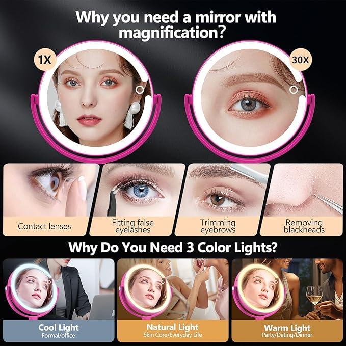 MIYADIVA Makeup Mirror with Lights, 30X Magnifying Mirror with Light and Touch Switch, Vanity Mirror with 3 Color Light and 80 LEDs, Height Adjustable Desk Mirror with Lights, Hot Pink - ModernBath