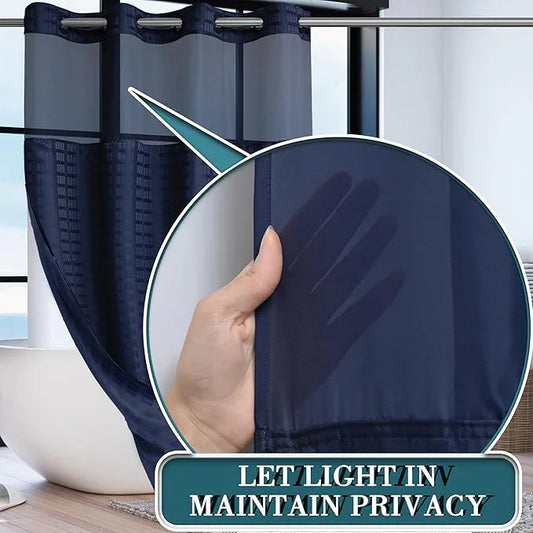 Conbo Mio Stall No Hook Shower Curtain with Snap in Liner Set, Hotel Luxury Navy Blue Shower Curtains for Bathroom with See Through Top Window, Waterproof, Washable 54W x 74H - ModernBath