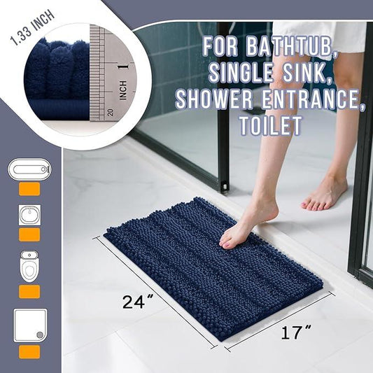 Yimobra Navy Blue Bathroom Rug Mat, Non Slip Quick Dry Bath Mats, Extra Thick and Super Absorbent Bath Rugs, Luxury Microfiber Chenille Plush Fluffy Washable Soft Shower Carpet for Floor, 24" x 17" - ModernBath