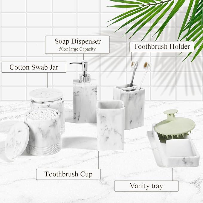 YMXYJM Bathroom Accessories Set, 6 Piece Bathroom Set with Toothbrush Holders, Soap Dispenser, Vanity Tray, Tumbler, Cotton Swab Jars, Bathroom Organizer，Bathroom Sink Sets, Artificial Marble White - ModernBath