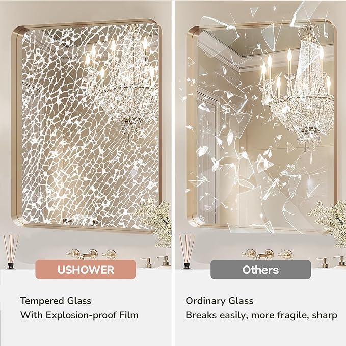 USHOWER Gold Bathroom Mirror 22"x30", Brushed Gold Rectangle Mirror for Over Sink, Rounded Corner, Aluminum Frame, Anti-Rust, Tempered Glass, Horizontal or Vertical Mounted - ModernBath