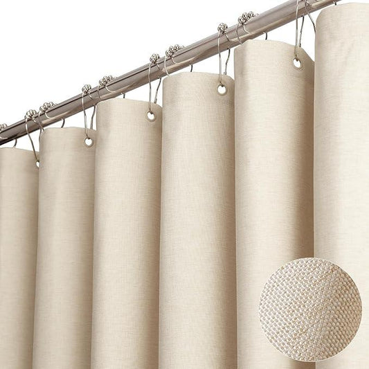 BTTN Long Fabric Shower Curtain - 72x80 Inch Linen Textured Heavy Duty Polyester Cloth Shower Curtain Set with 12 Plastic Hook, Hotel Luxury Waterproof Modern Shower Curtains for Bathroom, Beige/Cream - ModernBath