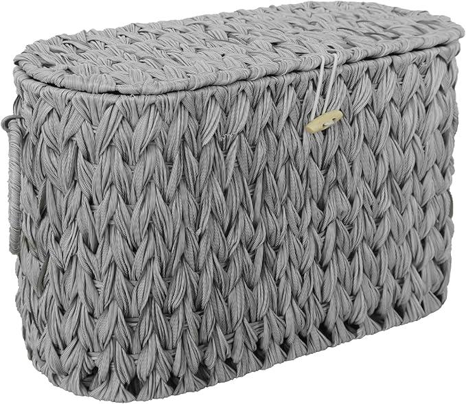 Toilet Paper Storage Basket with Lid,Wicker Toilet Paper Holder Stand,Narrow Decorative Woven Bathroom Basket Organizer,Free Standing Grey - ModernBath