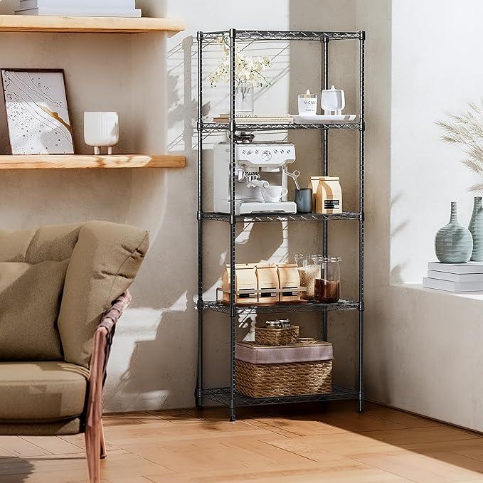 IZEUK 5-Tier Black Metal Storage Shelves, Adjustable Wire Shelving Unit for Kitchen, Bathroom, Pantry, Office, Garage, Organizer Wire Rack, 1250 lbs, 13.7" D x 23.6" W x 63" H - ModernBath