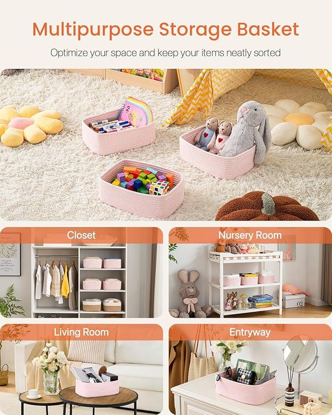 Small Woven Basket, 12 x 8 x 4.5 Inches, Storage Basket for Organizing, Cute Small Rope Shelf Closet Cube Storage Bins Baskets for Shelves, Dog Toy Gift Baskets Empty, 3 Pack Light Pink - ModernBath