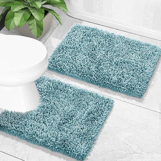 Yimobra Bathroom Rugs Sets 2 Piece, Soft Absorbent Bath Mat and U-Shaped Toilet Rug with Non Slip Backing, Luxury Shaggy Bath Mats for Bathroom, Machine Washable, 24"x17"+24"x20", Grayish Blue - ModernBath