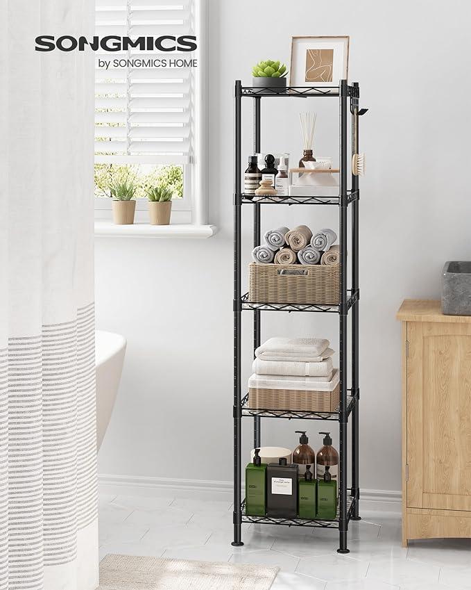 SONGMICS 5-Tier Bathroom Shelf, Storage Rack for Small Space, with 5 PP Shelf Liners, Removable Hook, Extendable Design, Ink Black and Translucent ULGR23BK - ModernBath