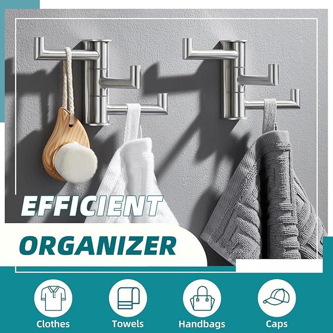 APLusee Swivel Towel Hook 2 Pack Brushed Nickel, 304 Stainless Steel Hook with Three Arms, Wall Mount - ModernBath