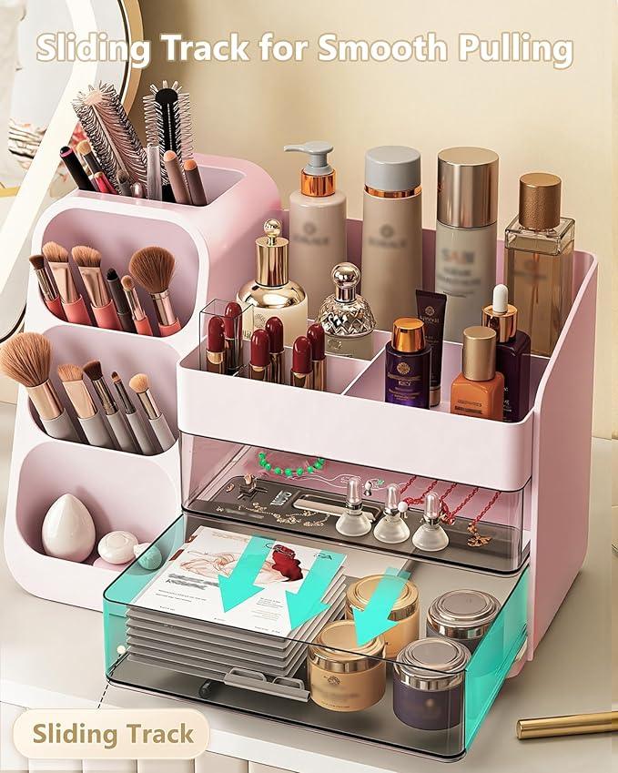 Anylady Makeup Organizer with Drawers, Skincare Organizer (Large Size Thick), Storage Box Cosmetic Display Cases, Make up Organizers for Vanity, Dresser, Desk, Kitchen, Countertop (Pink) - ModernBath