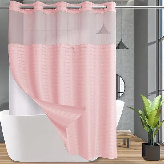 Conbo Mio No Hook Shower Curtain with Snap in Liner Set, Hotel Luxury Pink Shower Curtains for Bathroom with See Through Top Window, Waterproof, Washable 71W x 74H - ModernBath
