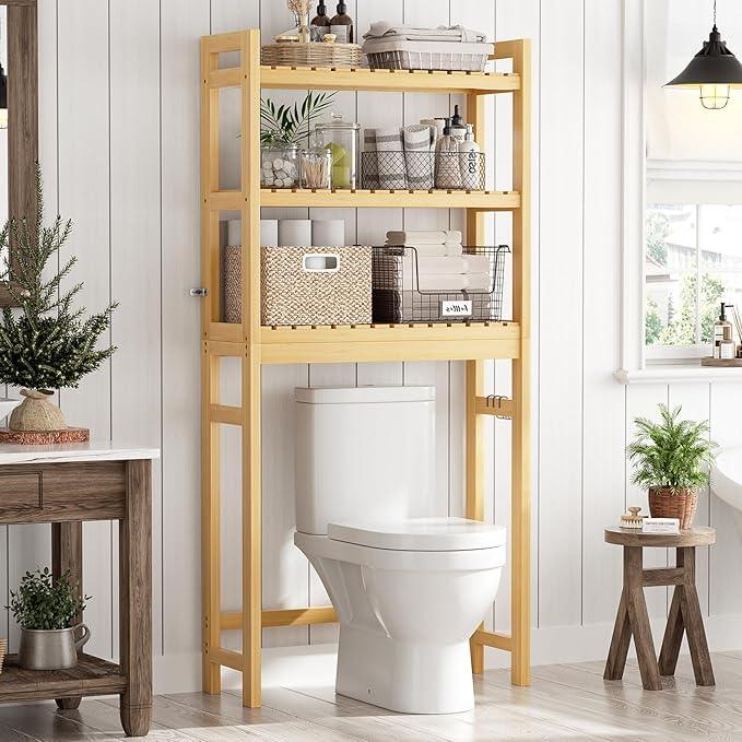 Homykic Over The Toilet Storage, 3-Tier Bamboo Bathroom Shelf with 3 Hooks, Above Toilet Organizer Rack Freestanding for Small Space, Restroom, Laundry, Easy Assembly, Natural - ModernBath