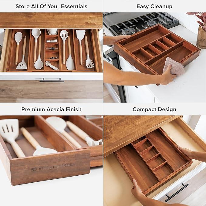 KitchenEdge Adjustable Kitchen Drawer Organizer for Utensils and Junk, Food-Safe Contract Grade with 100% Sustainable Wood, Non-Slip, Expandable from 16" to 28" Wide - Natural Acacia - ModernBath