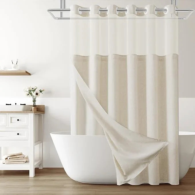 No Hooks Linen Shower Curtain with Snap in Liner Set Rustic Farmhouse Shower Curtains for Bathroom Cream Burlap Cloth Double Bath Curtains with See Through Top Window 72x75 - ModernBath