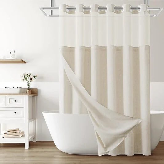 No Hooks Linen Shower Curtain with Snap in Liner Set Rustic Farmhouse Shower Curtains for Bathroom Cream Burlap Cloth Double Bath Curtains with See Through Top Window 72x75 - ModernBath
