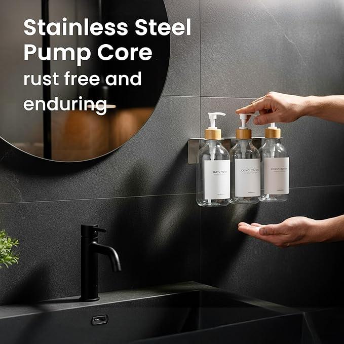 MaisoNovo Shampoo and Conditioner Dispenser - Shower Soap Dispenser Wall Mounted - 16.9 fl oz Set of 3 Clear Plastic Bottles White Bamboo Pump - Shampoo Dispenser, Shower Dispenser 3 Chamber No Drill - ModernBath