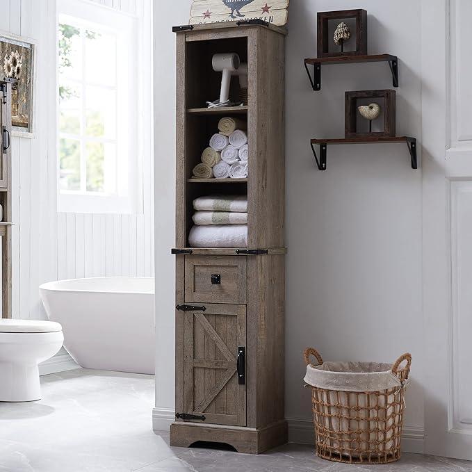 OKD Bathroom Storage Cabinet, Farmhouse Storage Cabinet with Adjustable Shelves & Drawer, Tall Linen Tower for Bathroom, Living Room, Light Rustic Oak - ModernBath