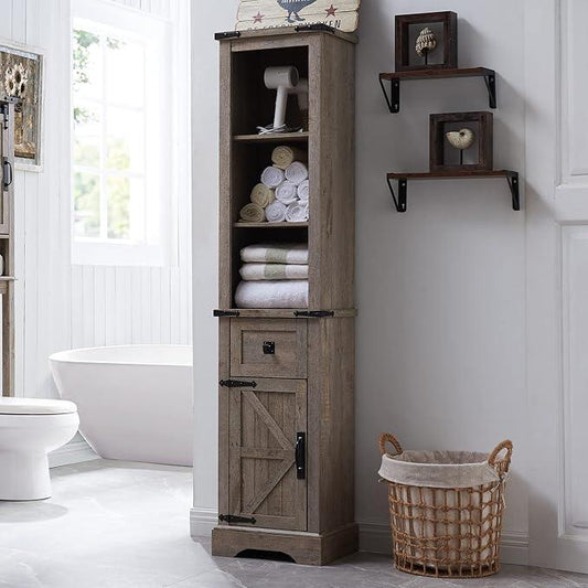 OKD Bathroom Storage Cabinet, Farmhouse Storage Cabinet with Adjustable Shelves & Drawer, Tall Linen Tower for Bathroom, Living Room, Light Rustic Oak - ModernBath