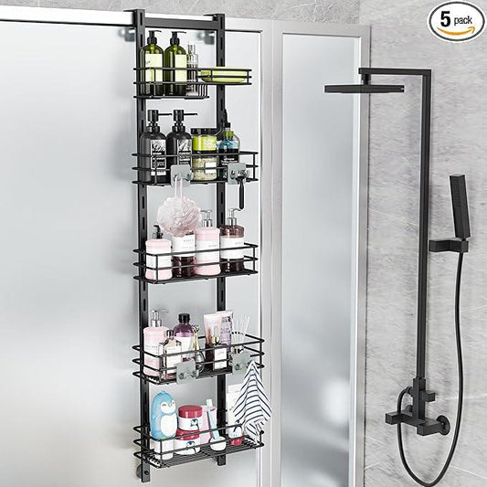 Orimade Over the Door Shower Caddy Adjustable 5 Tier Black,Bathroom Hanging Organizer Shelf Rustproof with 4 Hooks,Shower Basket with Soap Holder and Suction Cup - ModernBath