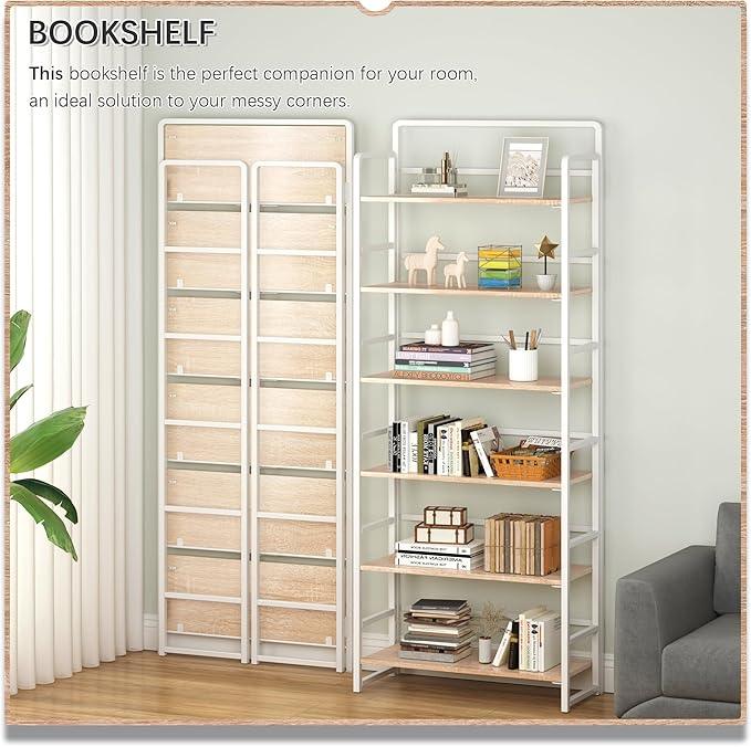 4NM No Assembly 6 Tiers Folding Bookshelf Storage Shelves Vintage Bookcase Standing Racks Study Organizer Home Office (Natural White) - ModernBath