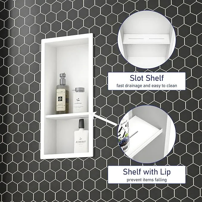 Stainless Steel Shower Niche 18"× 8" White Double Shelves No Tiled Need Recessed Niche Shower for Wall Storage Bathroom Niche Shelf Over-Mounted Installation - ModernBath