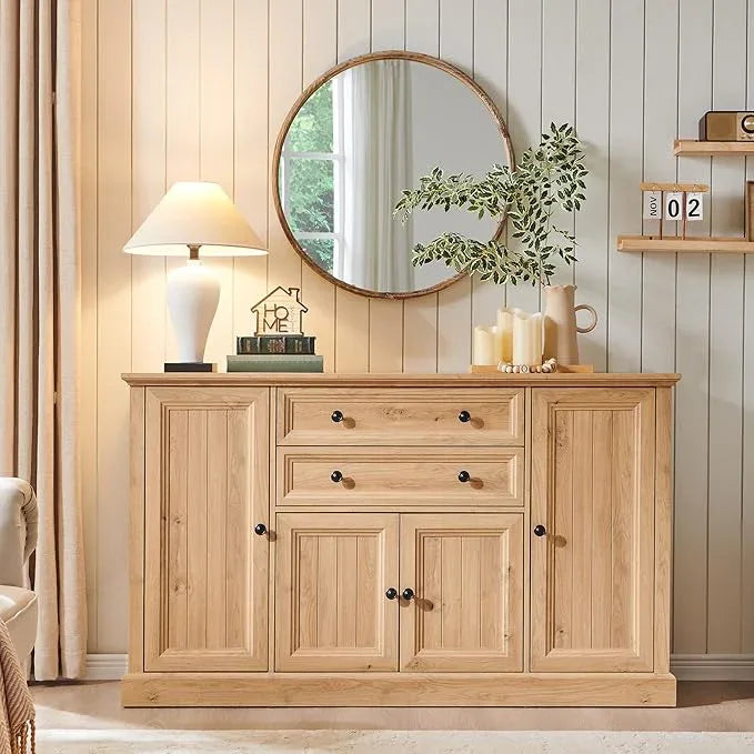 Farmhouse 58" Buffet Cabinet with Storage, 34" Tall Sideboard Cabinet w/2 Large Drawers & 4 Grooved Barn Doors, Wood Rustic Sideboard for Dinning Room, Kitchen, Living Room,Natural - ModernBath