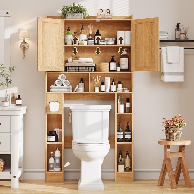 Vabches Farmhouse Style Rattan Over-The-Toilet Storage Cabinet with 2 Rattan Doors, Toilet Paper Holder - Space-Saving Oak Bathroom Organizer. - ModernBath
