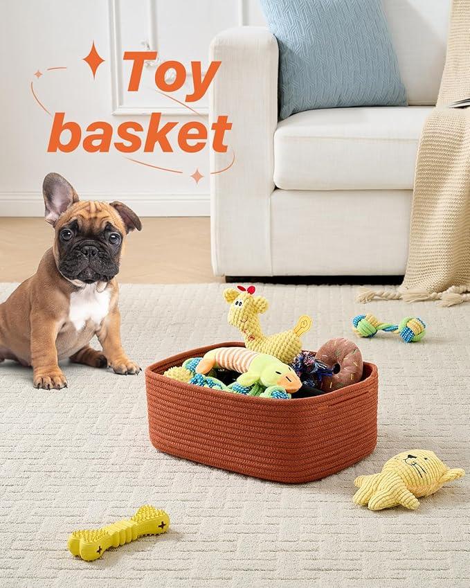 Small Woven Basket, 13.5 x 9.5 x 5 Inches, Storage Basket for Organizing, Cute Small Rope Shelf Closet Cube Storage Bins Baskets for Shelves, Dog Toy Gift Baskets Empty, 3 Pack Rust Red - ModernBath