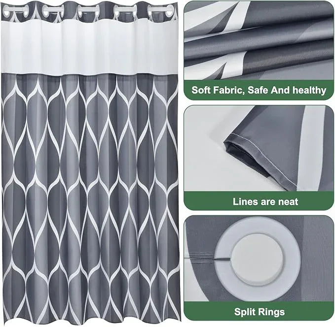 Yiatn Grey Blue No Hook Shower Curtain with Snap in Liner - Hotel Style with See Through Mesh Top Window, Modern Geometric Waterdrop Design,Waterproof and Washable,- 71x74 INCH - ModernBath