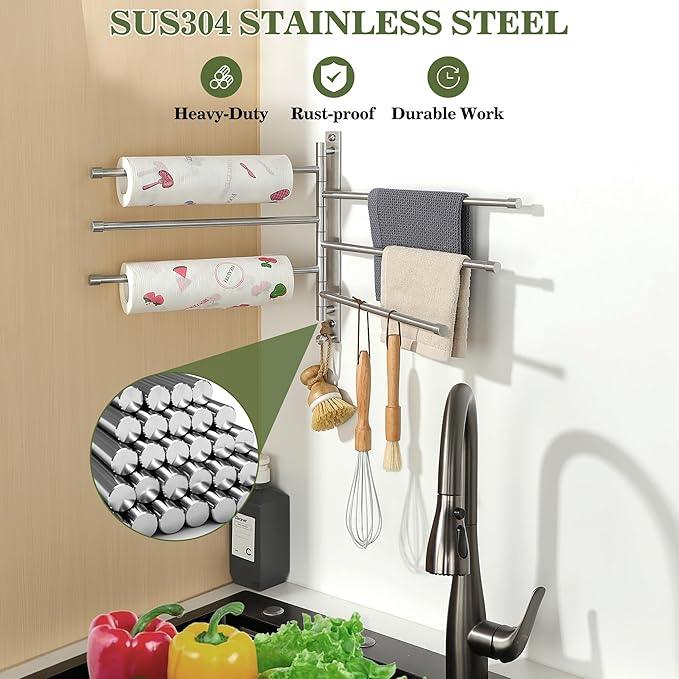 Alise Swivel Towel Rack, SUS304 Stainless Steel 6 Arms Towel Bar, Space Saving Swing Out Towel Bar with Hook, Towel Racks Wall Mounted for Bathroom, Brushed Nickel - ModernBath