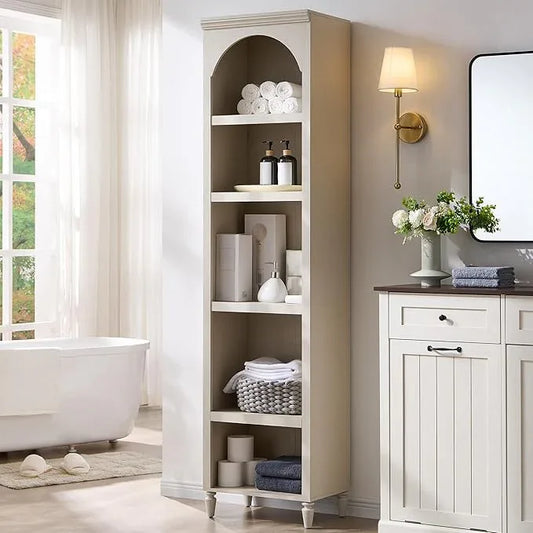 76" Tall Arched Bathroom Storage Cabinet, 5 Tiers Narrow Farmhouse Arched Cabinet w/Adjustable Shelves, Modern Wooden Storage Cabinet for Bathroom, Living Room, Entryway, Study Room (Cream) - ModernBath