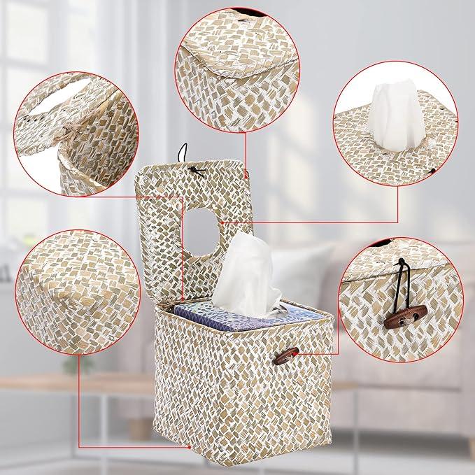 Sumnacon Tissue Box Cover Square Seagrass Tissue Box with Lid, Woven Tissue Box Holder Rustic Cube Tissue Cover for Bathroom Toilet Bedroom Living Room Kitchen Table Desk Office Car, Whitewash - ModernBath