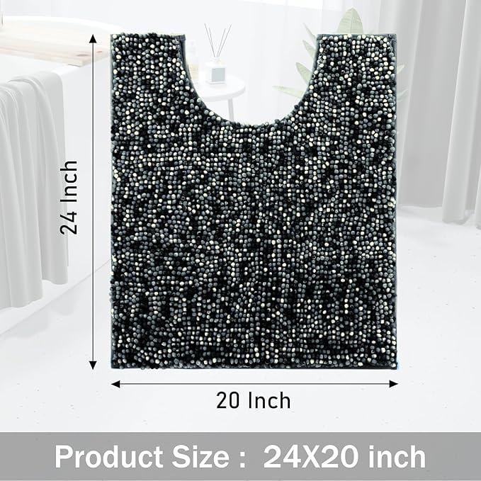 Yimobra Luxury Chenille U-Shaped Toilet Rug, Super Soft Shaggy Contour Bath Mat for Bathroom Floor, Fluffy, Water Absorbent, Non Slip, Machine Washable, Dry Quickly, 24''x 20'', Black & Dark Grey - ModernBath