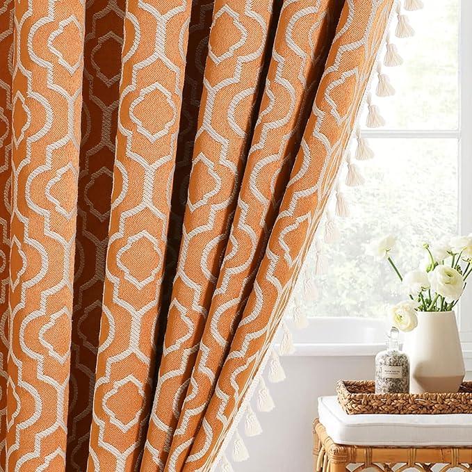 MitoVilla Orange Farmhouse Shower Curtain Set 72 x 78, Boho 78 inch Long Cotton Tassel Fabric Shower Curtain Set for Fall Cottagecore French Rustic Bathroom Decor - ModernBath