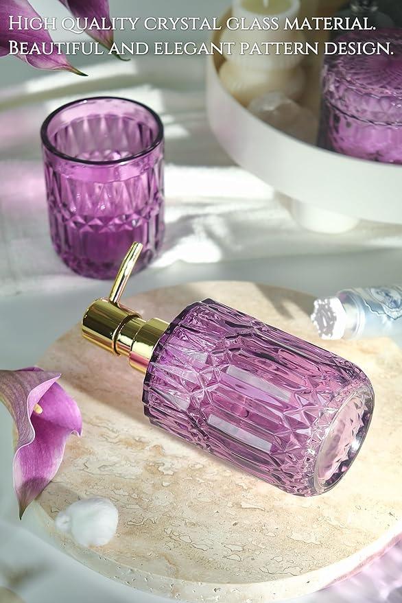LaMarriti Purple Bathroom Accessories Set, 5Pcs Clear Glass Bathroom Set, Soap Dispenser, Toothbrush Holder Set, Soap Dish, Qtip Holder, Tumbler for Vintage Crystal Bathroom Decor, Gift Set (Violet) - ModernBath