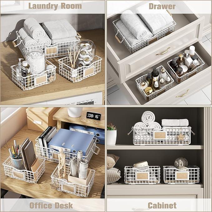 Bathroom Organizers and Storage, 3 Pack Storage Baskets for Shelves, Multipurpose Bins Organizer with Wooden Handles, Decorative Organizer Baskets Set for Bathroom, Laundry, Living Room - White - ModernBath