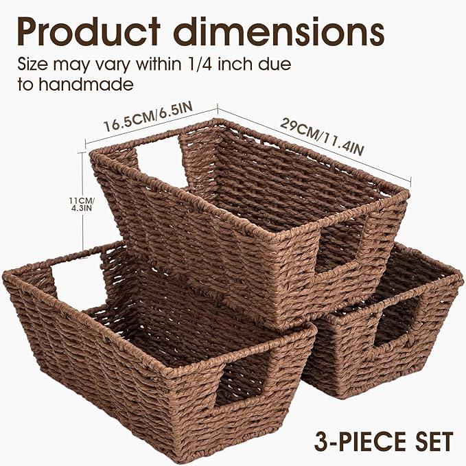 Paper Rope Storage Baskets for Shelves Organizing, Small Hand Woven Wicker Organizer Basket with Handle for Bathroom Toilet Paper Storage, Brown, 3-Pack - ModernBath