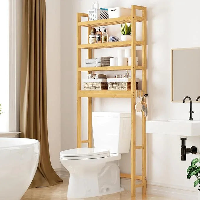 Smiry Over The Toilet Storage Cabinet, 4-Tier Bamboo Bathroom Organizers with Adjustable Shelf & 4 Hooks, Space Saving Shelf Rack for Bathrooms, Laundry Room, Balcony, Natural - ModernBath