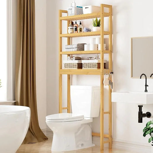 Smiry Over The Toilet Storage Cabinet, 4-Tier Bamboo Bathroom Organizers with Adjustable Shelf & 4 Hooks, Space Saving Shelf Rack for Bathrooms, Laundry Room, Balcony, Natural - ModernBath