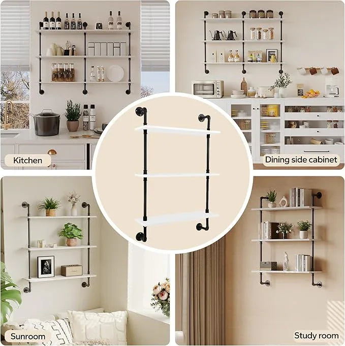 3-Tier Industrial Pipe Floating Shelf – Rustic 30 inch Wood Wall-Mounted Storage Shelf for Kitchen Office,Bathroom & Home Decor -White Oak - ModernBath