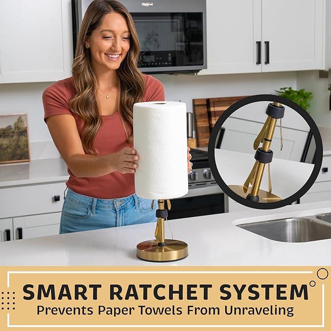 Dear Household Stainless Steel Paper Towel Holder Easy One-Handed Operation - This Sturdy Weighted Paper Towel Dispenser Countertop Model Has Suction Cups and Holds All Paper Towel Rolls - Gold - ModernBath