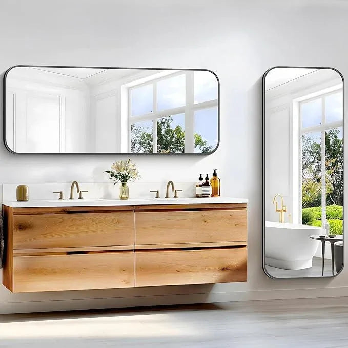 CIVENO Bathroom Mirror, 60 x 24 inch Metal Framed Black Rectangle Mirror, Rounded Corner Rectangular Vanity Mirror, Large Wall Mounted Mirror for Modern Bedroom Living Room Horizontal or Vertical - ModernBath